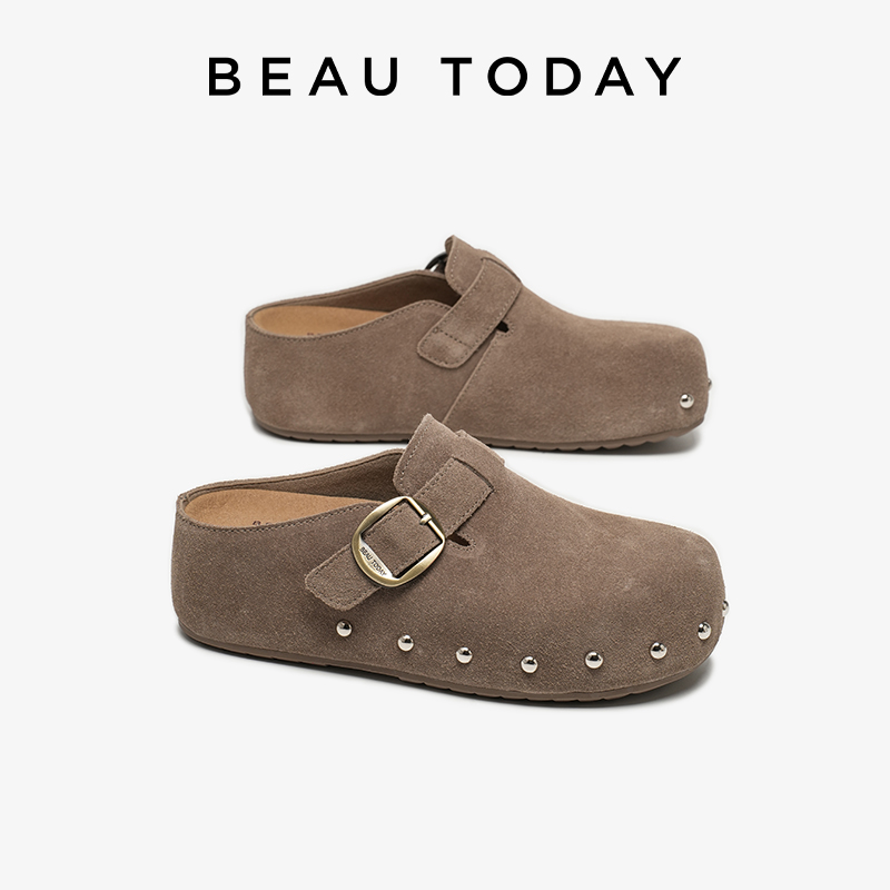 Leatherwork Rivets - BEAUTODAY Mules Casuais Femininos em Couro