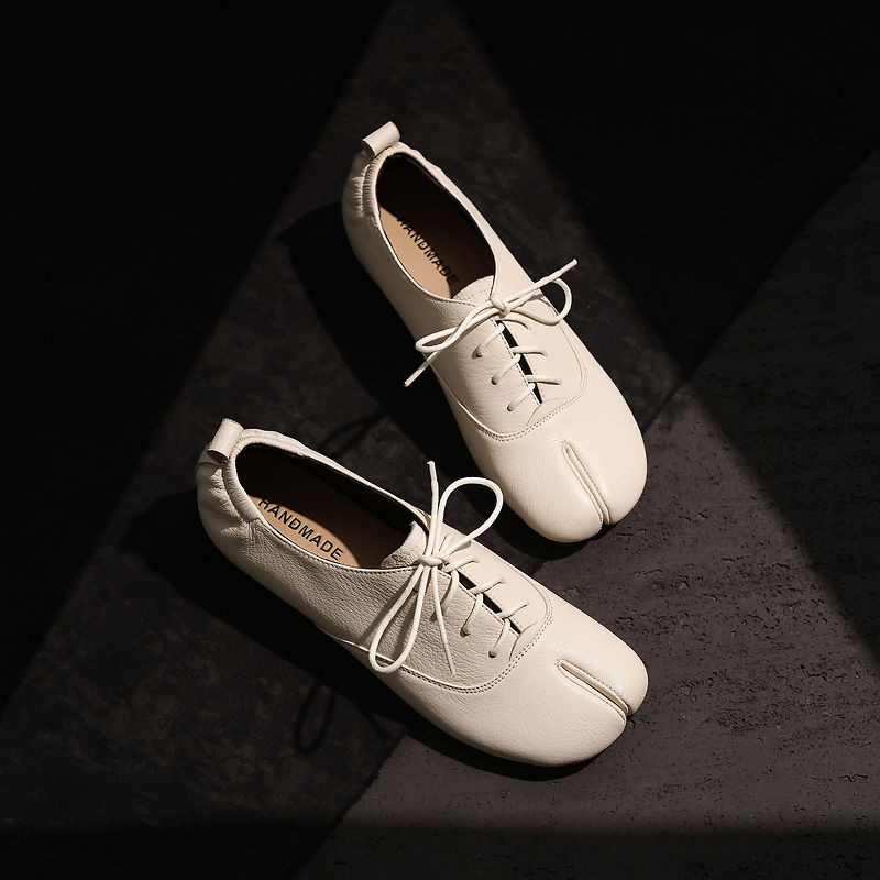 Leather Work Oxfords - Sapatos Tabi Femininos de Couro Genuíno